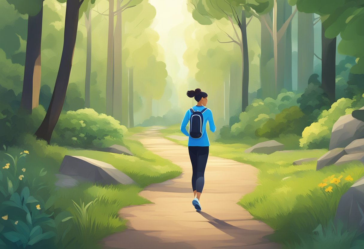 A person's heart rate monitor displays a steady and moderate rhythm while they walk on a peaceful path surrounded by nature