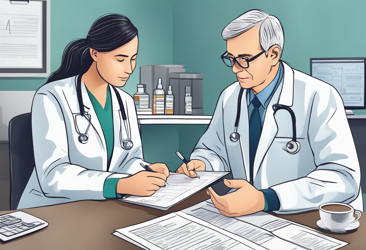 A doctor prescribes heart failure medication to a patient, explaining the treatment plan and potential side effects