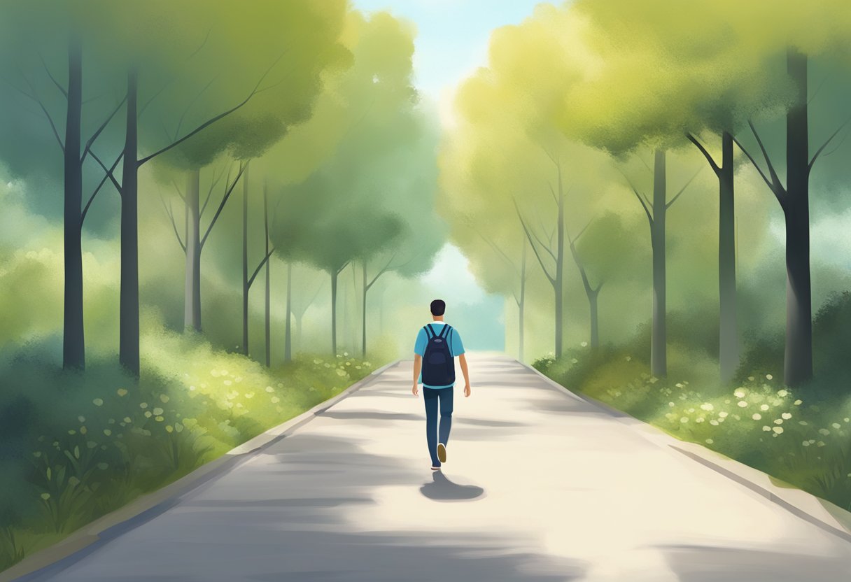 A person walking briskly, with a steady and moderate increase in heart rate. The surroundings are serene, with trees and a clear path