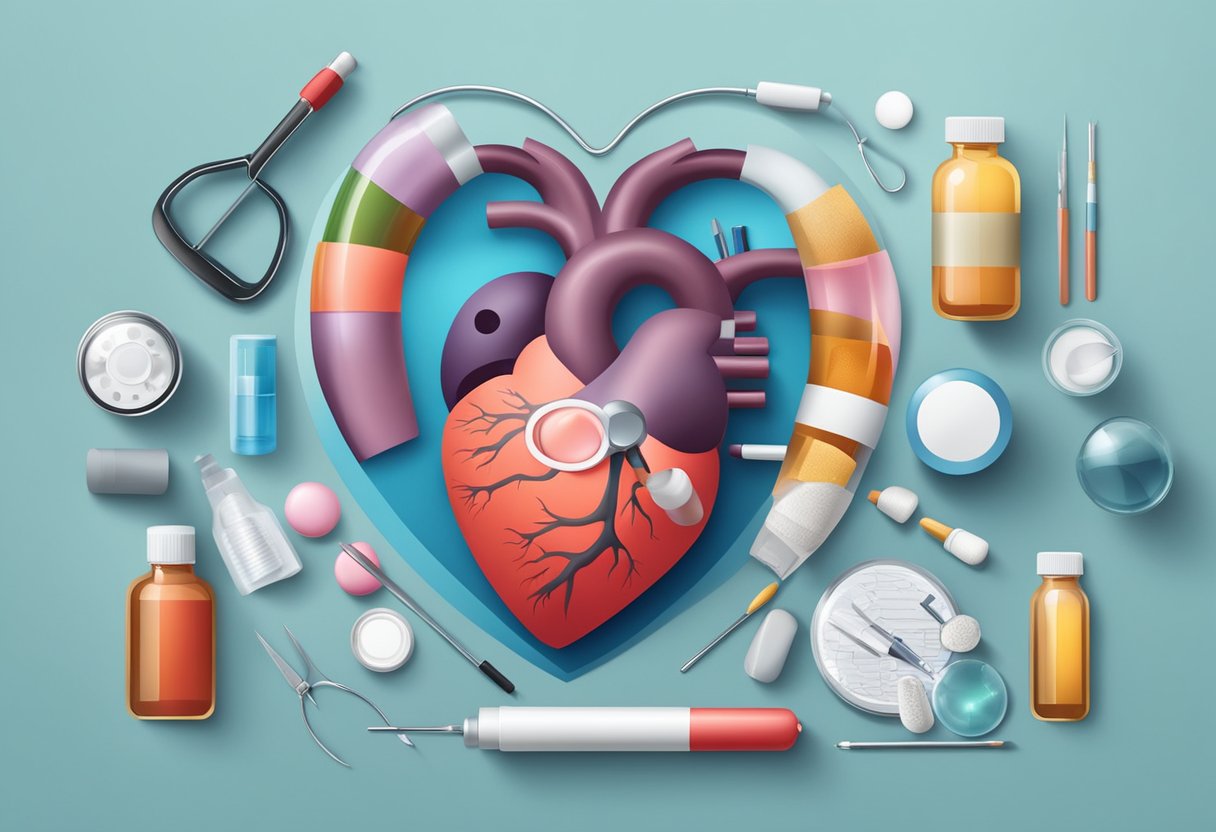 A heart with a visible hole, surrounded by medical tools and medications for stroke prevention