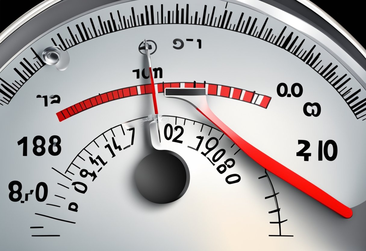 A blood pressure gauge reads high numbers, with the needle pointing to the top of the scale