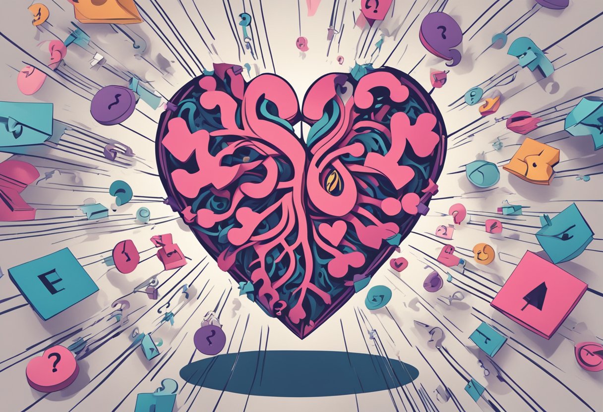A heart with a hole, surrounded by question marks, while a stroke symbol looms in the background