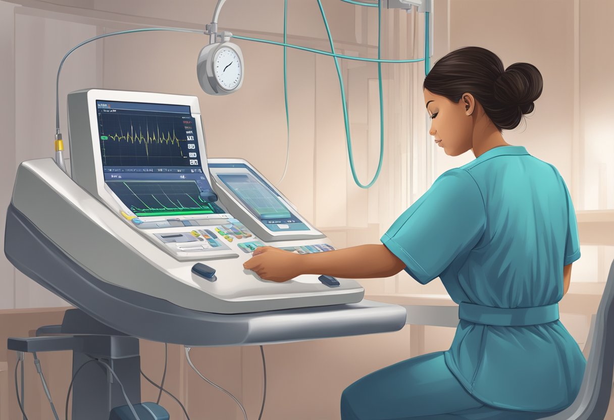 A pediatric nurse monitors an EKG machine showing abnormal heart rates in a hospital room