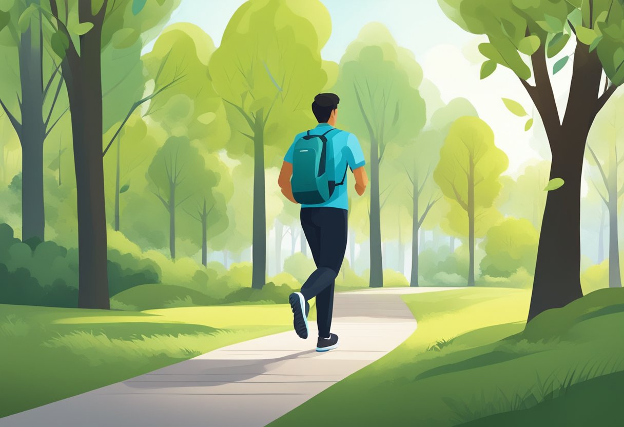 A person walks briskly, heart rate monitor displaying a steady, moderate pace. Trees and a clear path suggest a peaceful outdoor setting