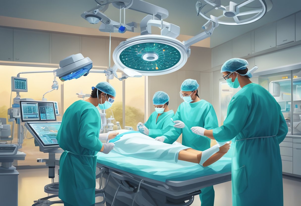 A heart surgery specialist operates in a sterile, well-lit operating room, surrounded by advanced medical equipment and a team of focused professionals