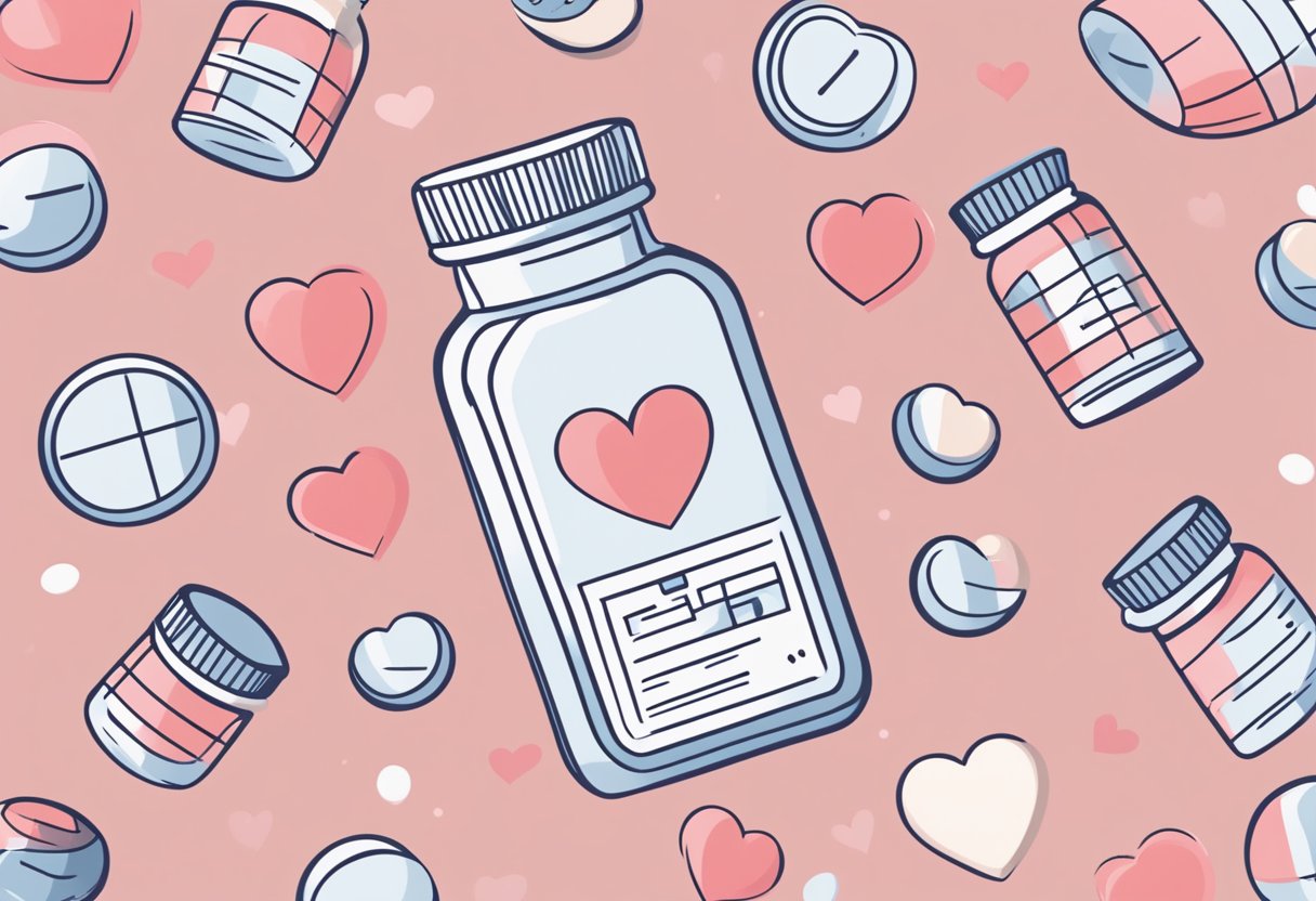 A bottle of vitamin E pills surrounded by heart-shaped symbols and a list of frequently asked questions about heart health