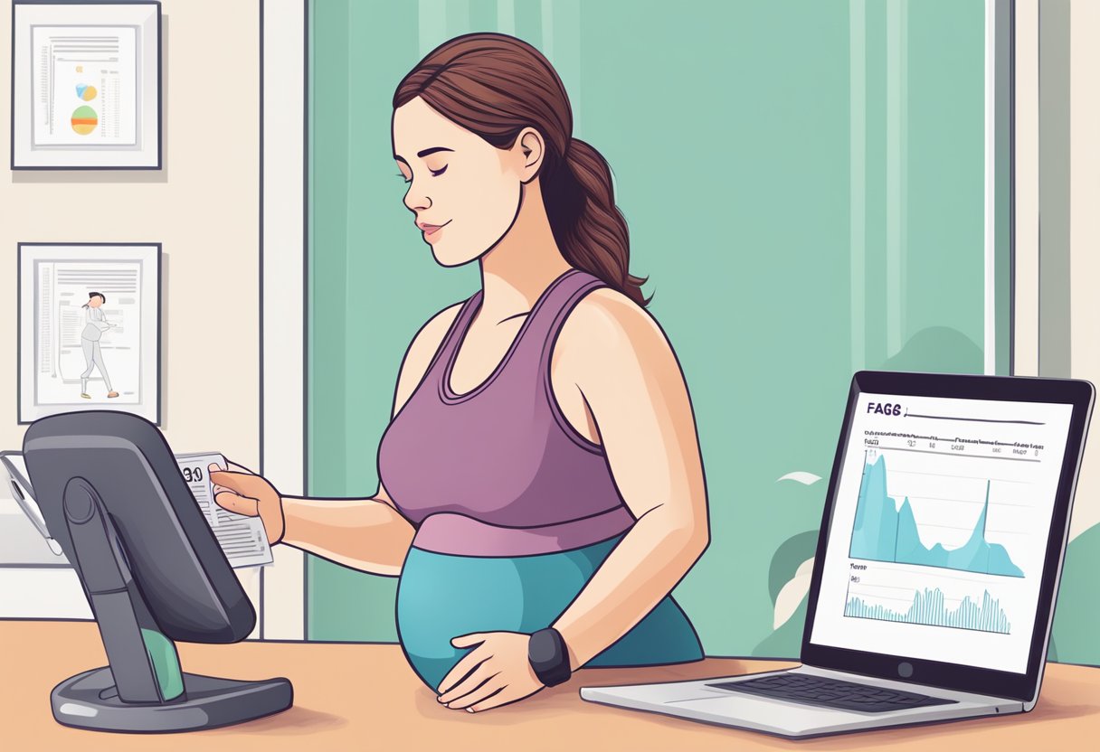 A pregnant woman exercising, checking her heart rate, with a FAQ sheet nearby