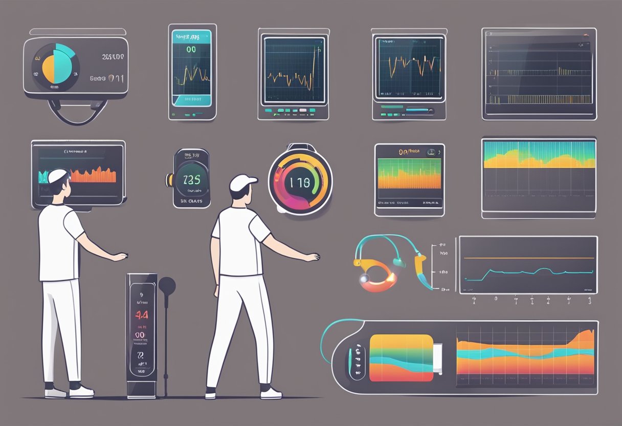 A heart rate monitor displays a steady, rhythmic pulse. A person is engaged in light exercise, with a relaxed and content expression