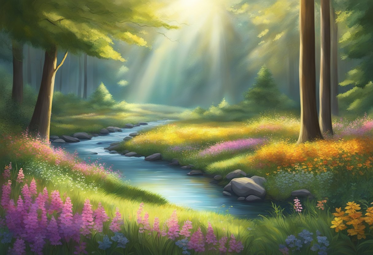 A serene forest clearing with sunlight streaming through the trees, illuminating a bed of colorful wildflowers and a gentle stream flowing nearby