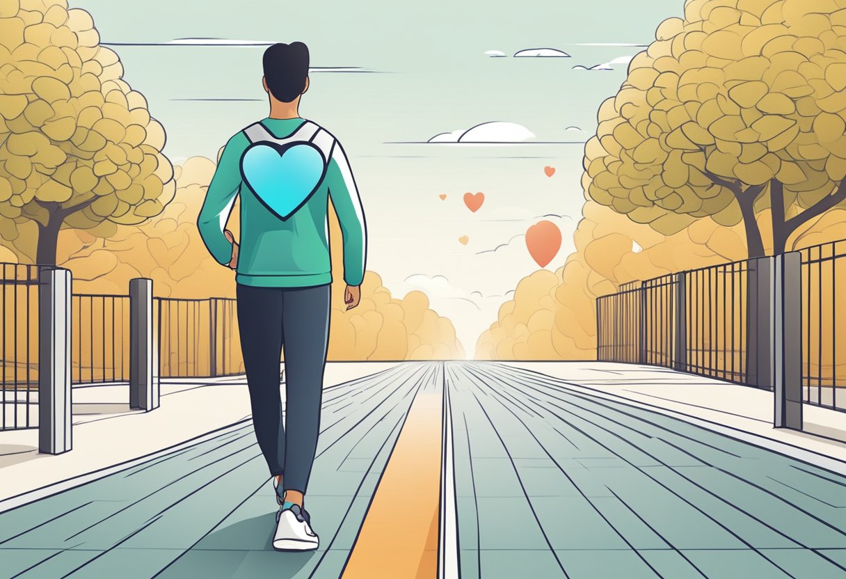 A person walking on a path with a heart rate monitor displaying a healthy heart rate