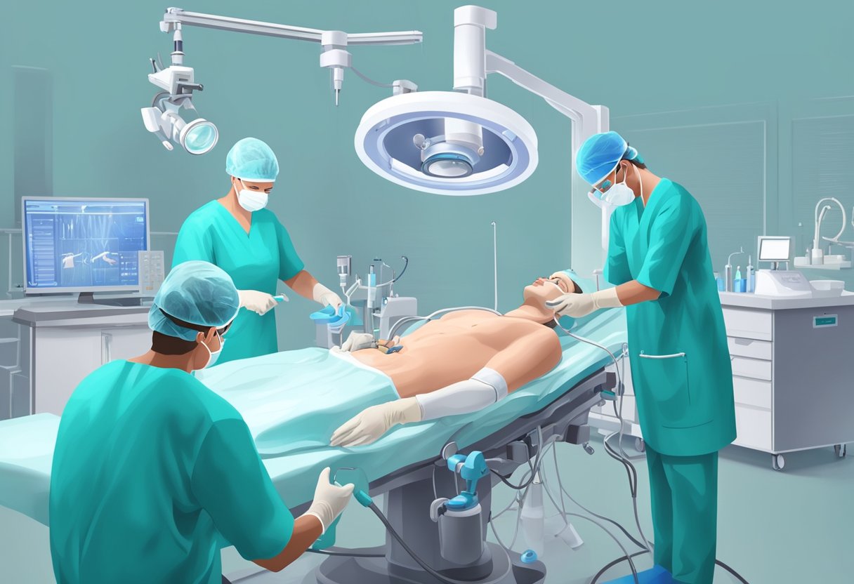 A heart surgery specialist carefully performs a delicate procedure, surrounded by advanced medical equipment and a focused medical team