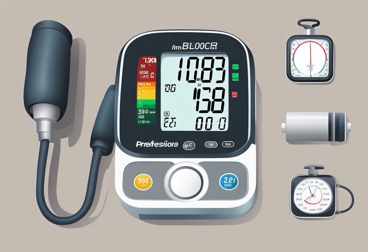 A blood pressure monitor displays high readings