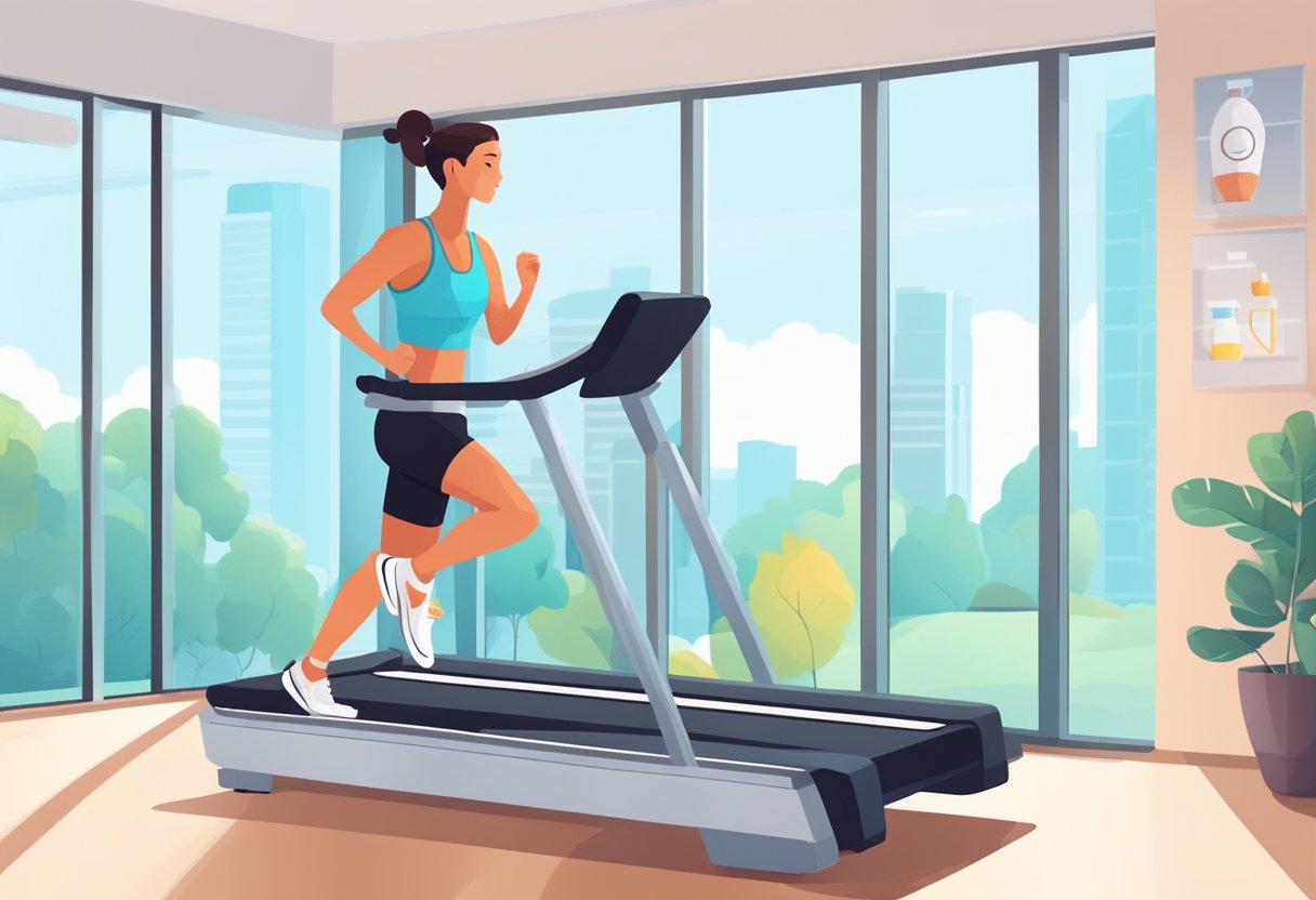 A person exercises on a treadmill, heart rate monitor showing steady beats. Water bottle and towel nearby. Bright, airy gym setting