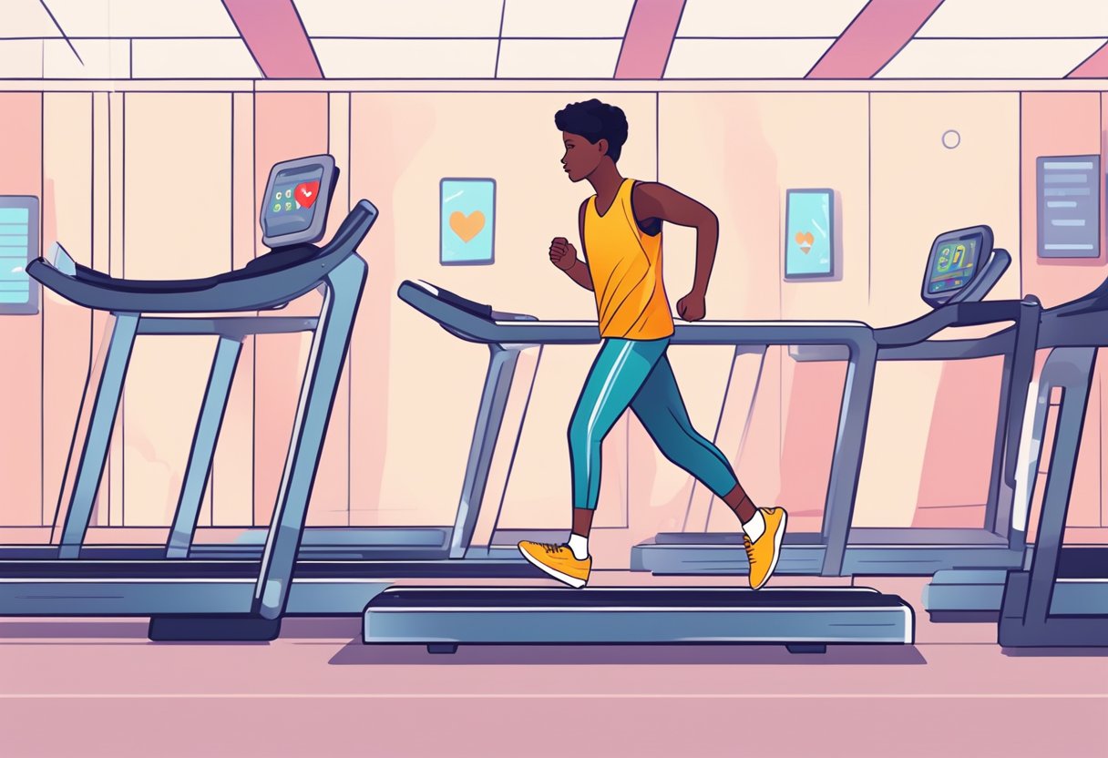 Teenager running on a treadmill, heart rate monitor displaying elevated heart rate