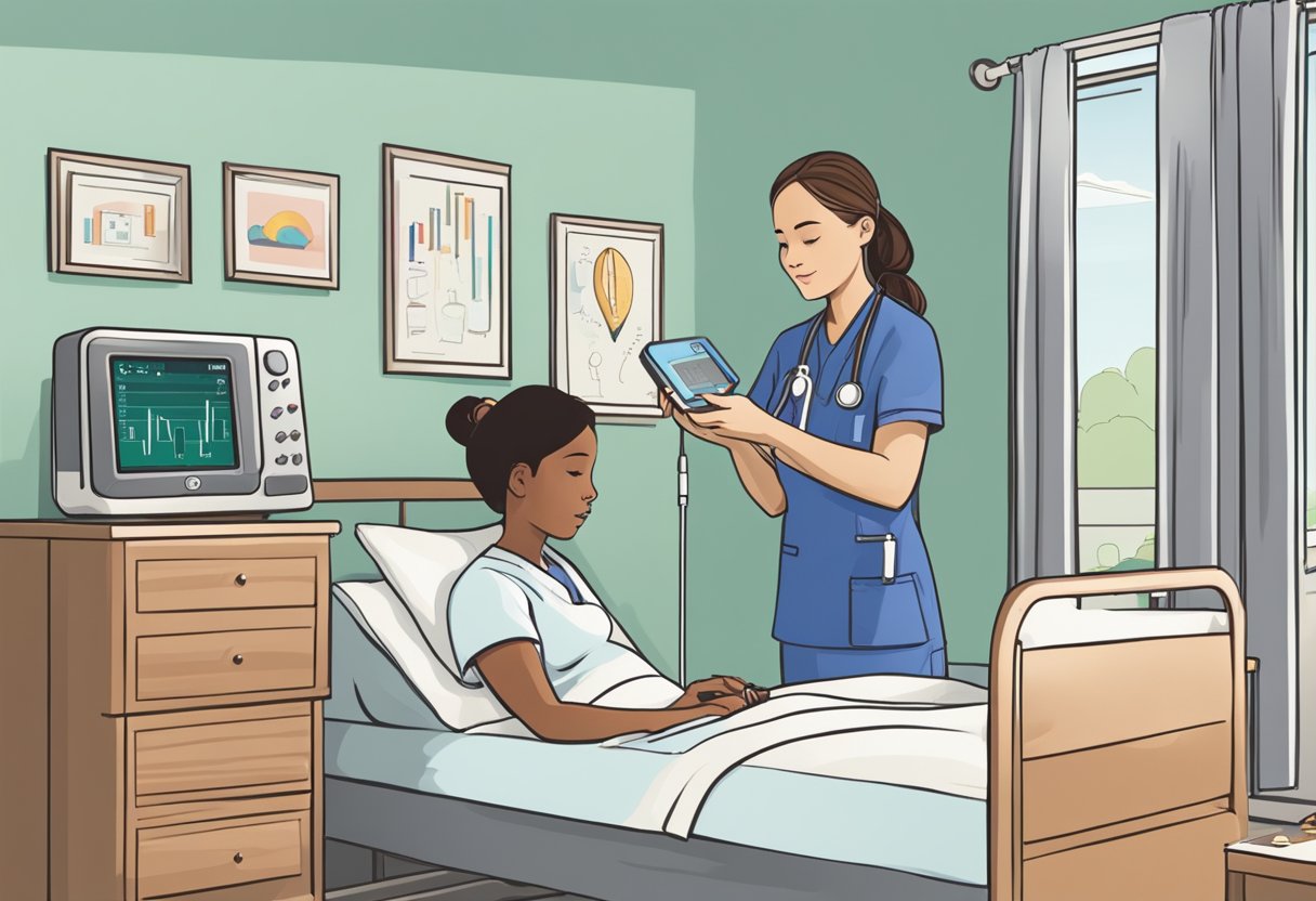A heart rate monitor beeping next to a pediatric patient's bed, with a nurse checking the monitor and a concerned parent looking on