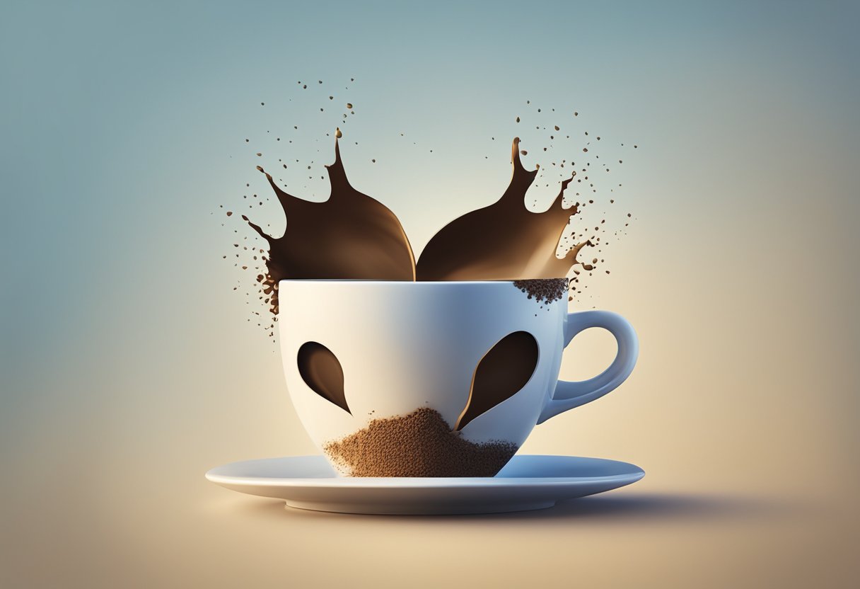 A coffee cup with a jagged crack running down the middle, steam rising from the top, and a small heart shape formed by spilled coffee