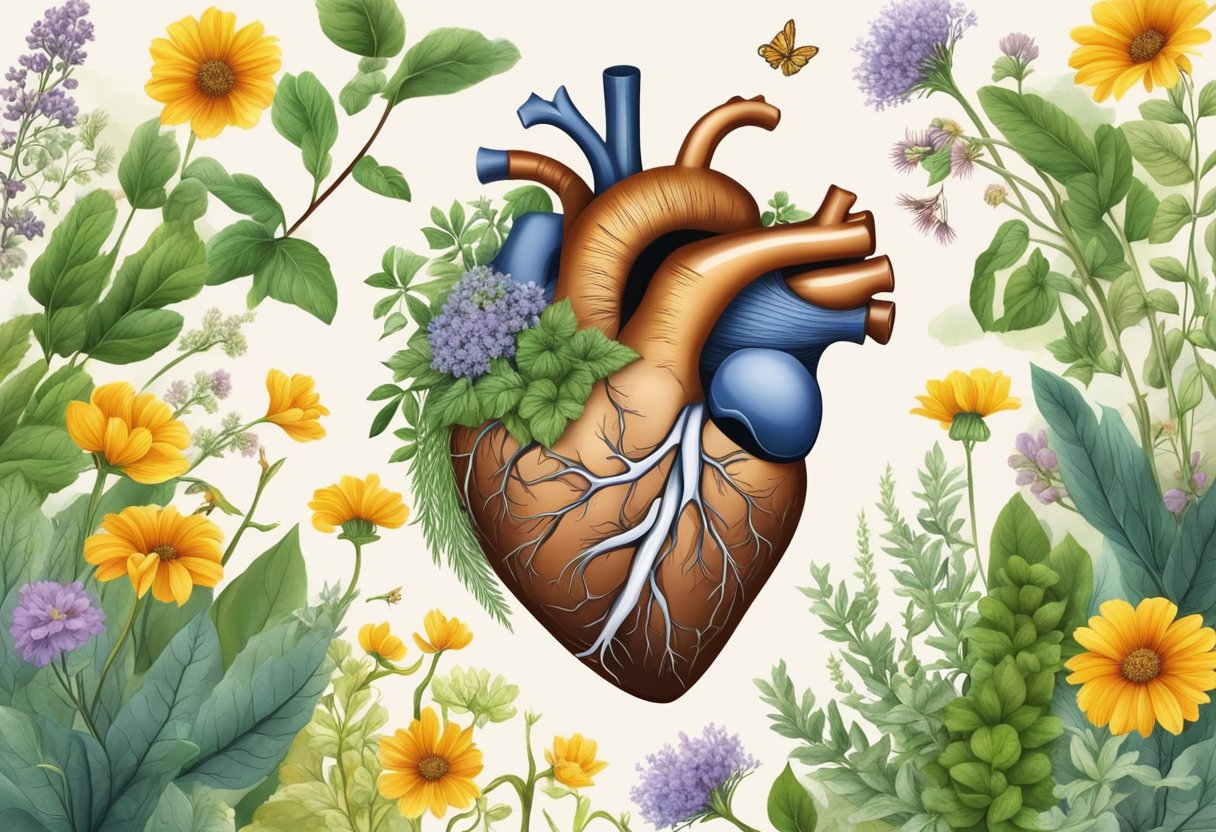 A heart-shaped hole is surrounded by healing herbs and natural remedies, symbolizing the treatment of a hole in the heart