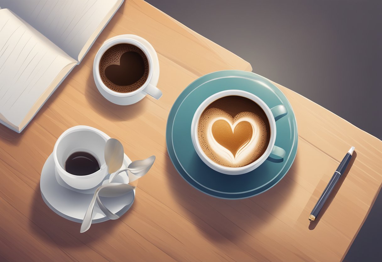 A steaming cup of coffee sits next to a healthy heart on a table, symbolizing the potential connection between coffee and heart health