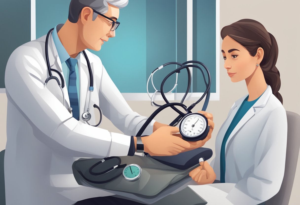 A doctor carefully measures blood pressure with a stethoscope and sphygmomanometer, then discusses treatment options with the patient