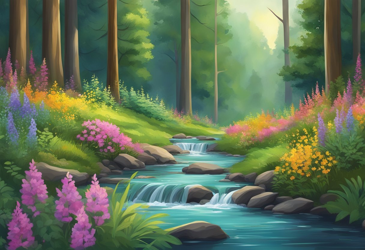 A serene forest clearing with a gentle stream flowing through, surrounded by vibrant wildflowers and lush greenery