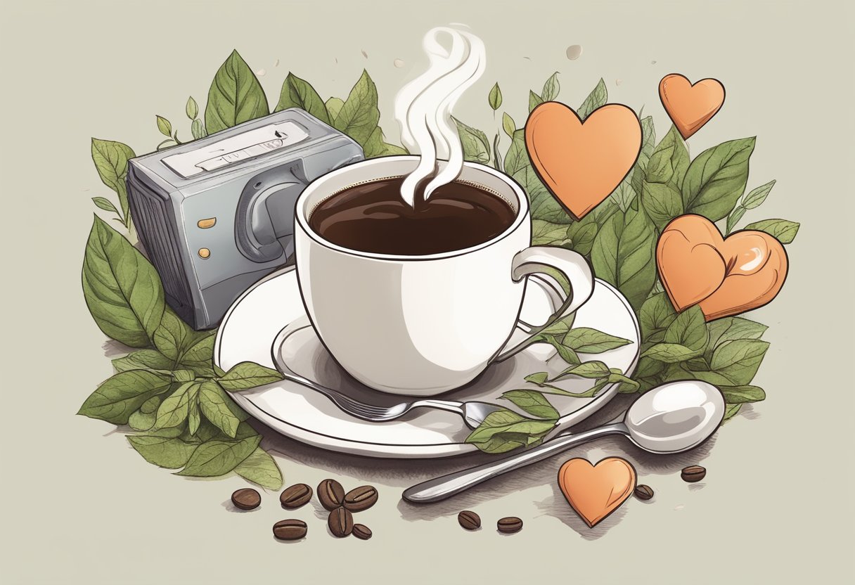 A coffee cup with a broken heart symbol on it, surrounded by herbal tea and a defibrillator