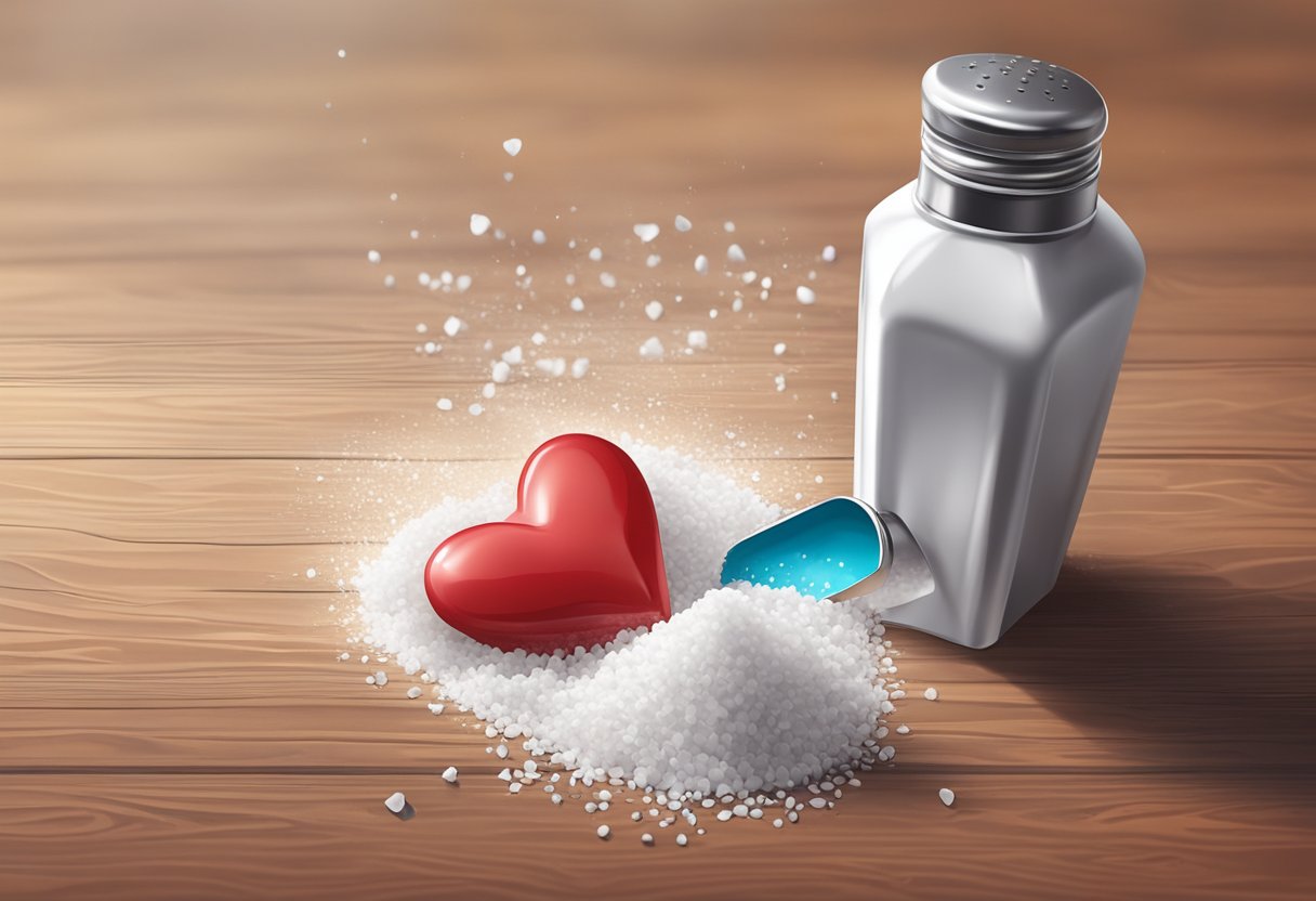 A heart-shaped salt shaker spills its contents, forming a broken heart on the table