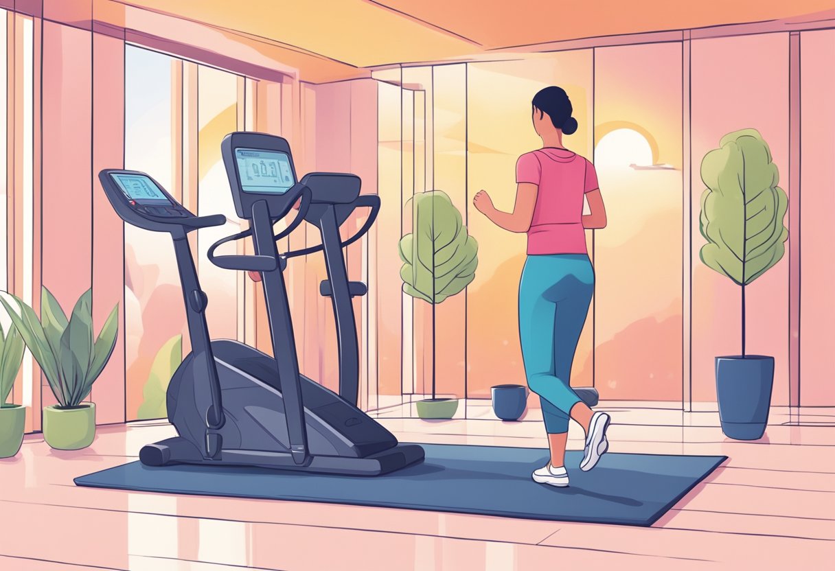 A heart rate monitor beeping steadily, a person exercising, a calm and soothing environment