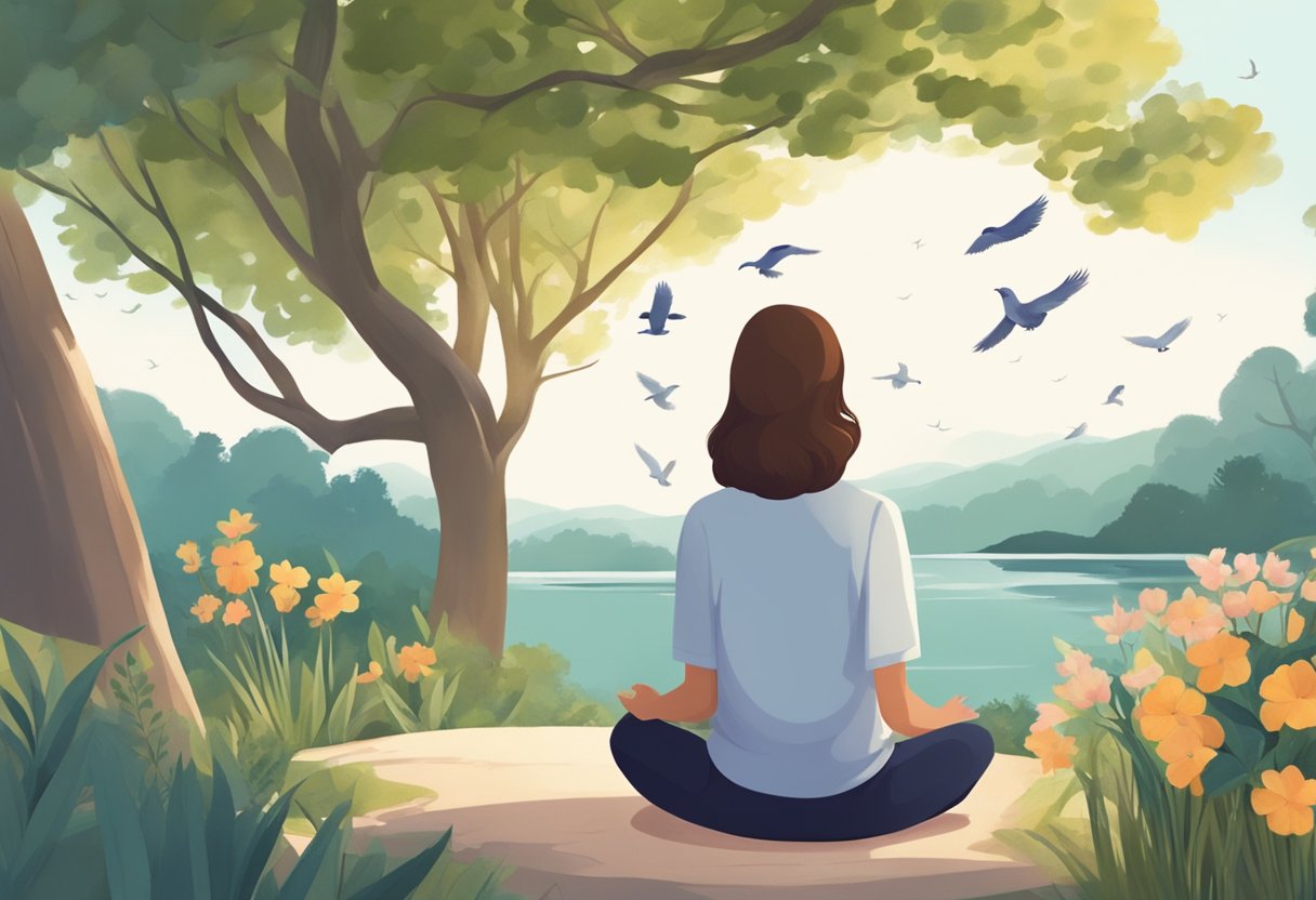 A person sitting in a peaceful natural setting, surrounded by calming elements like trees, flowers, and birds, with a serene expression and a relaxed posture