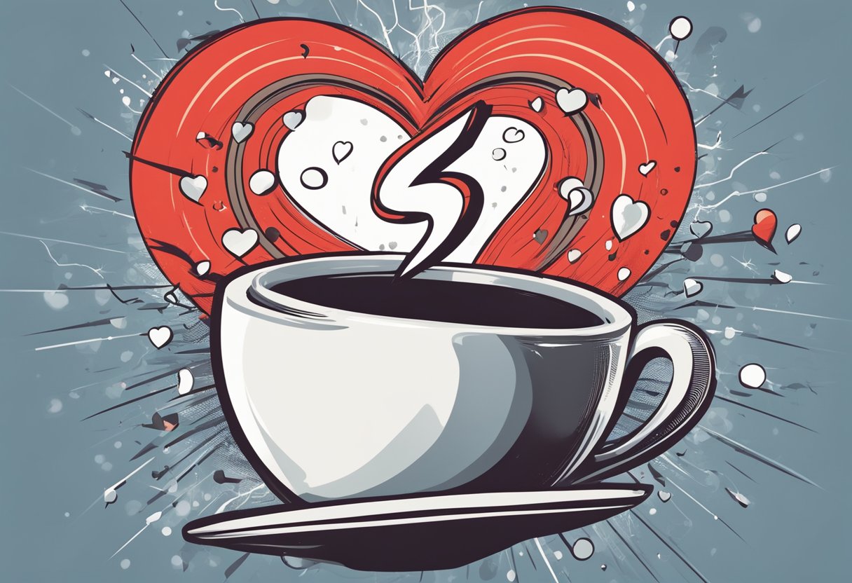 A coffee cup with a question mark on it, surrounded by lightning bolts and a red heart with a jagged line through it