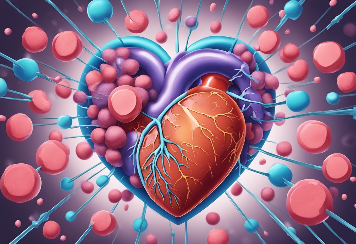 A heart surrounded by immune cells attacking it, while medications try to suppress the immune response