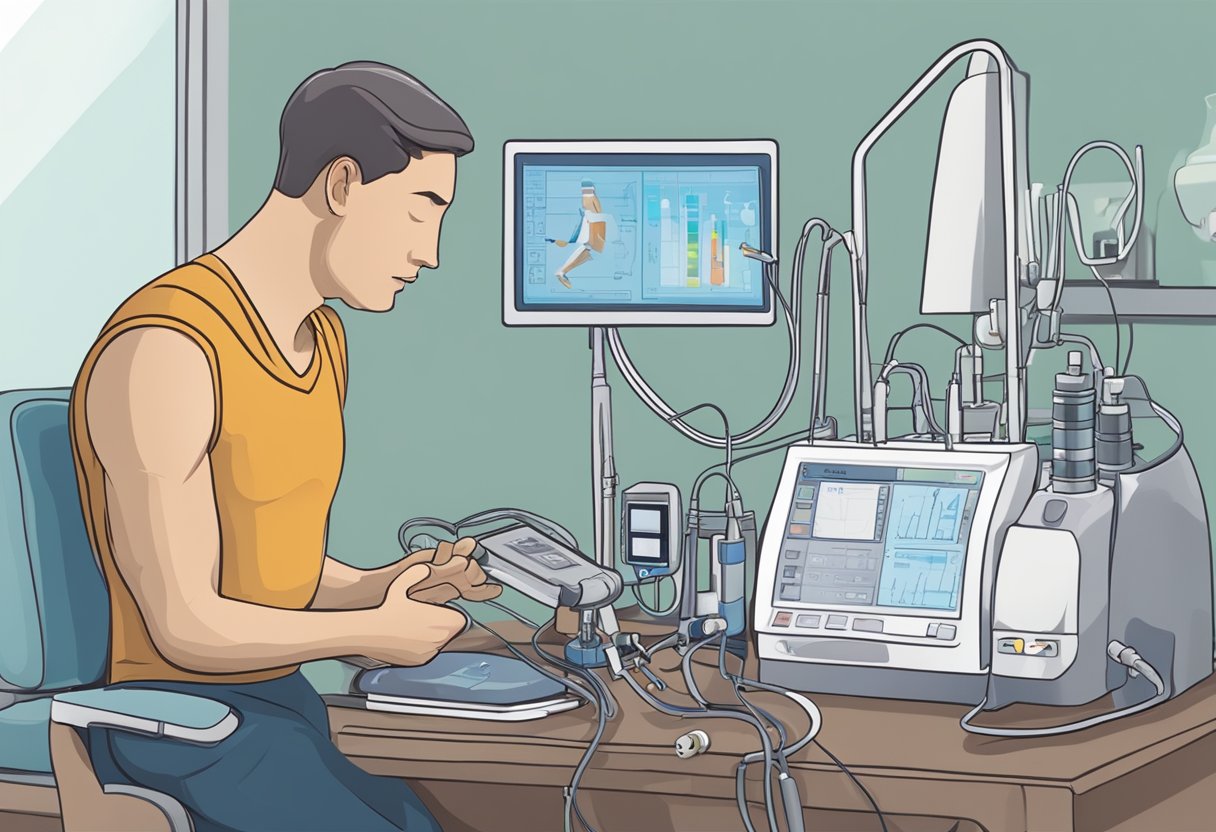 A person performing inspiratory muscle training with a device, surrounded by medical equipment and a heart failure monitor