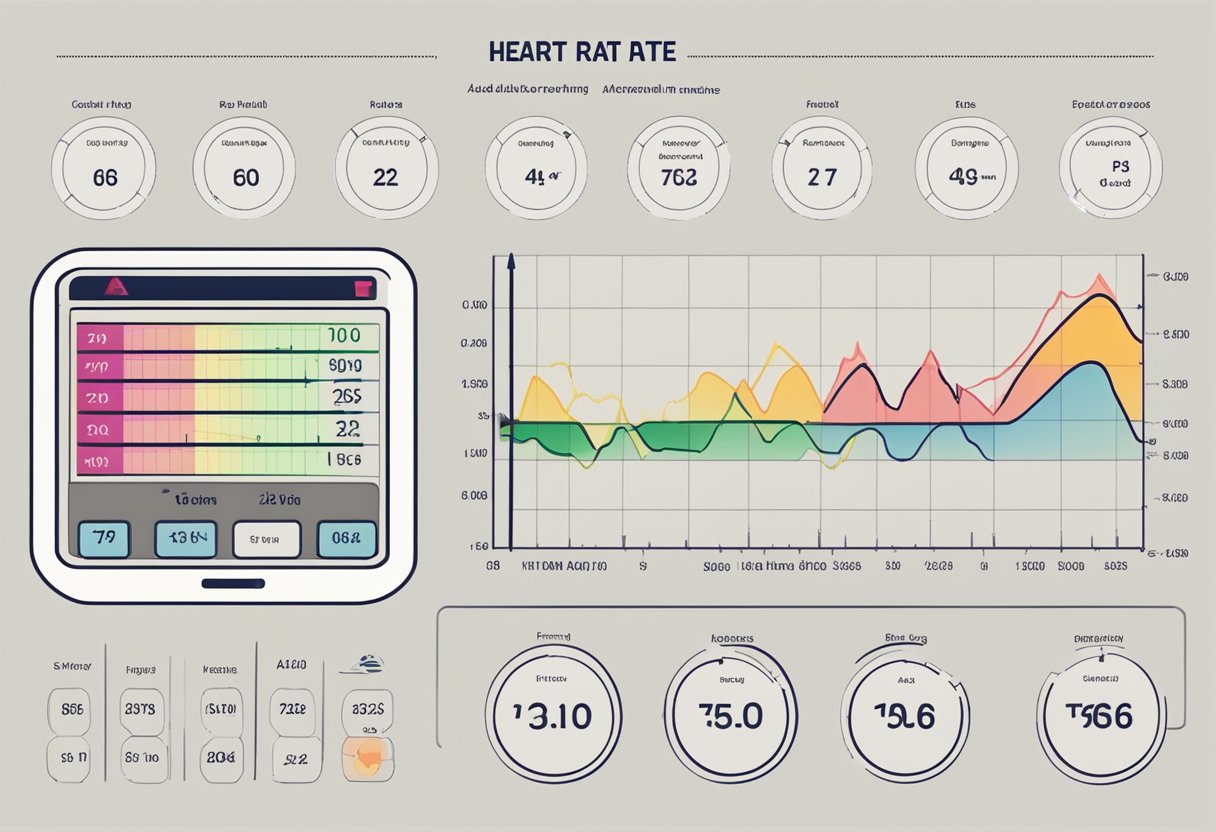 A heart rate monitor displaying a normal adult heart rate of 60-100 beats per minute, with a chart showing the range for different age groups
