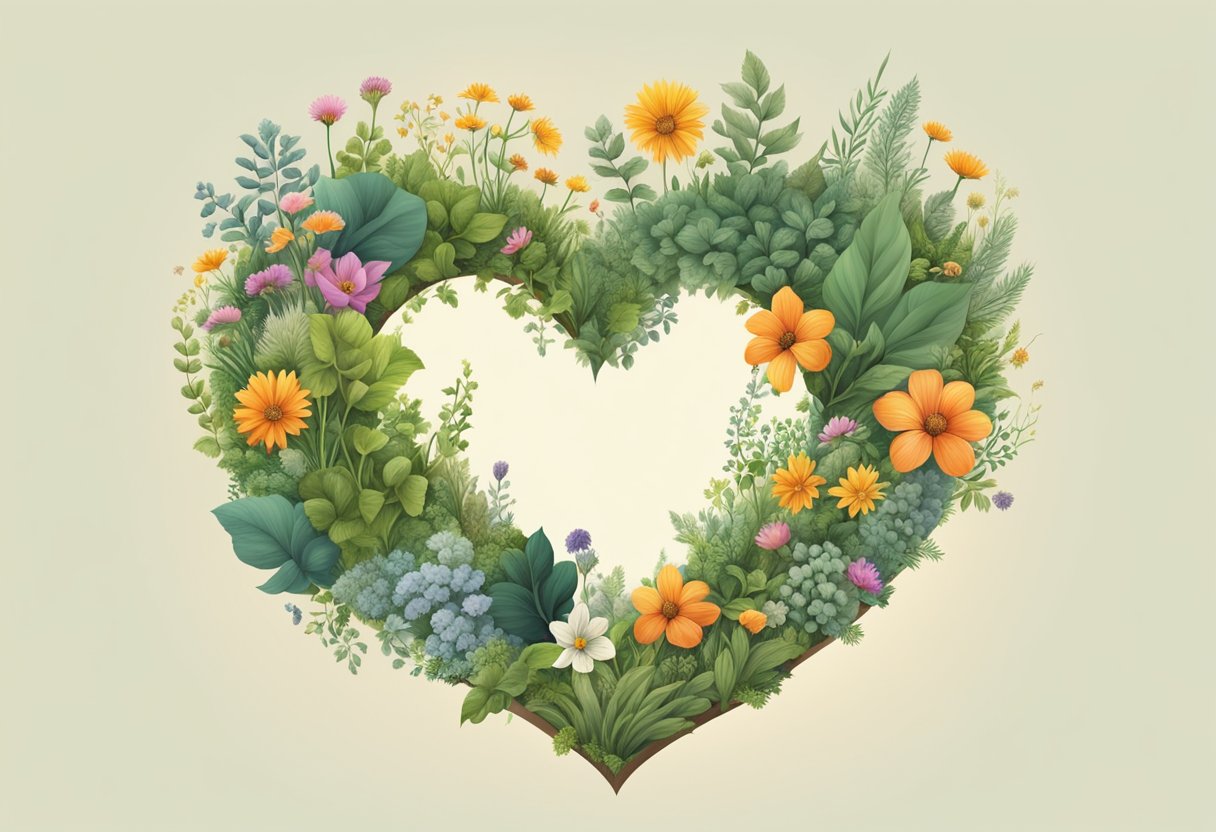 A heart-shaped hole surrounded by question marks, with natural elements like herbs, plants, and flowers growing around it