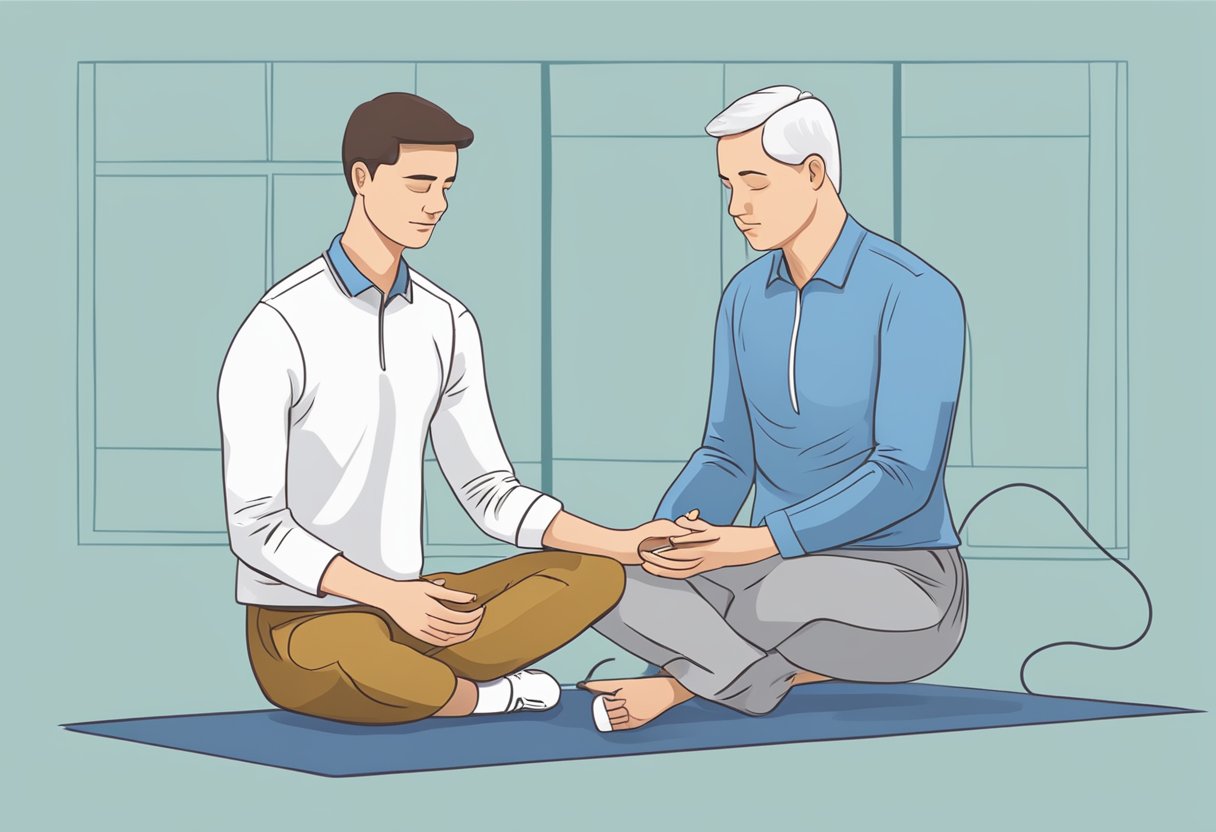 A person is using a device to train their inspiratory muscles to manage heart failure. The person is sitting upright and focused on their breathing exercises
