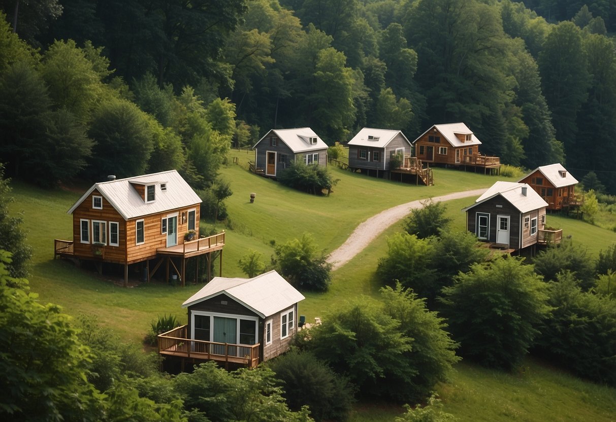 A cluster of cozy tiny homes nestled among the rolling hills of North Carolina, surrounded by lush greenery and a sense of community