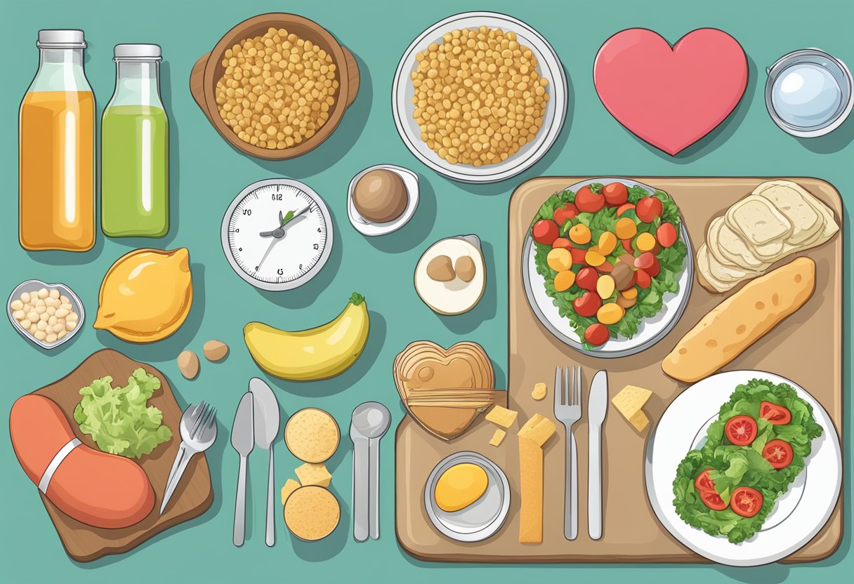 A table with low-sodium foods, exercise equipment, and a heart-shaped diagram