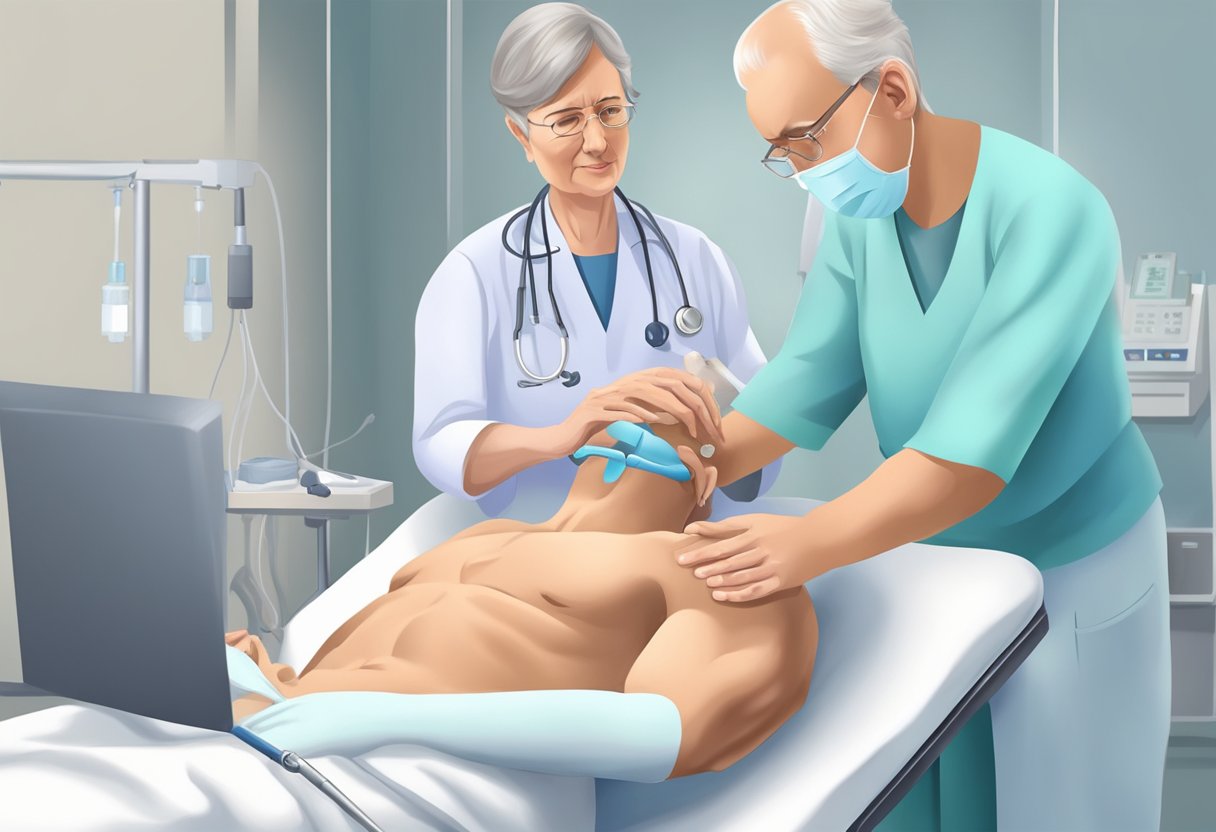 A patient with heart failure performs inspiratory muscle training under the guidance of a healthcare professional in a clinical setting