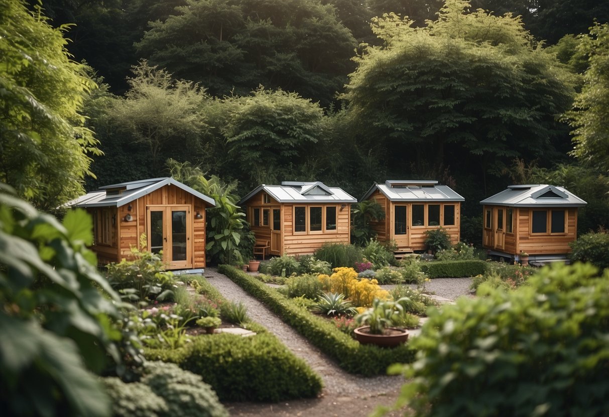 A cluster of tiny homes nestled among lush green trees, with a central communal area and small gardens