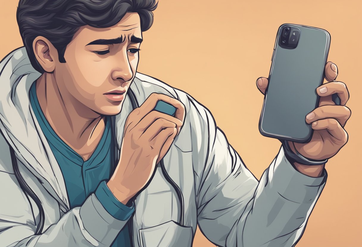 A person clutching their chest in pain, with a concerned expression, reaching for their phone to call for medical help