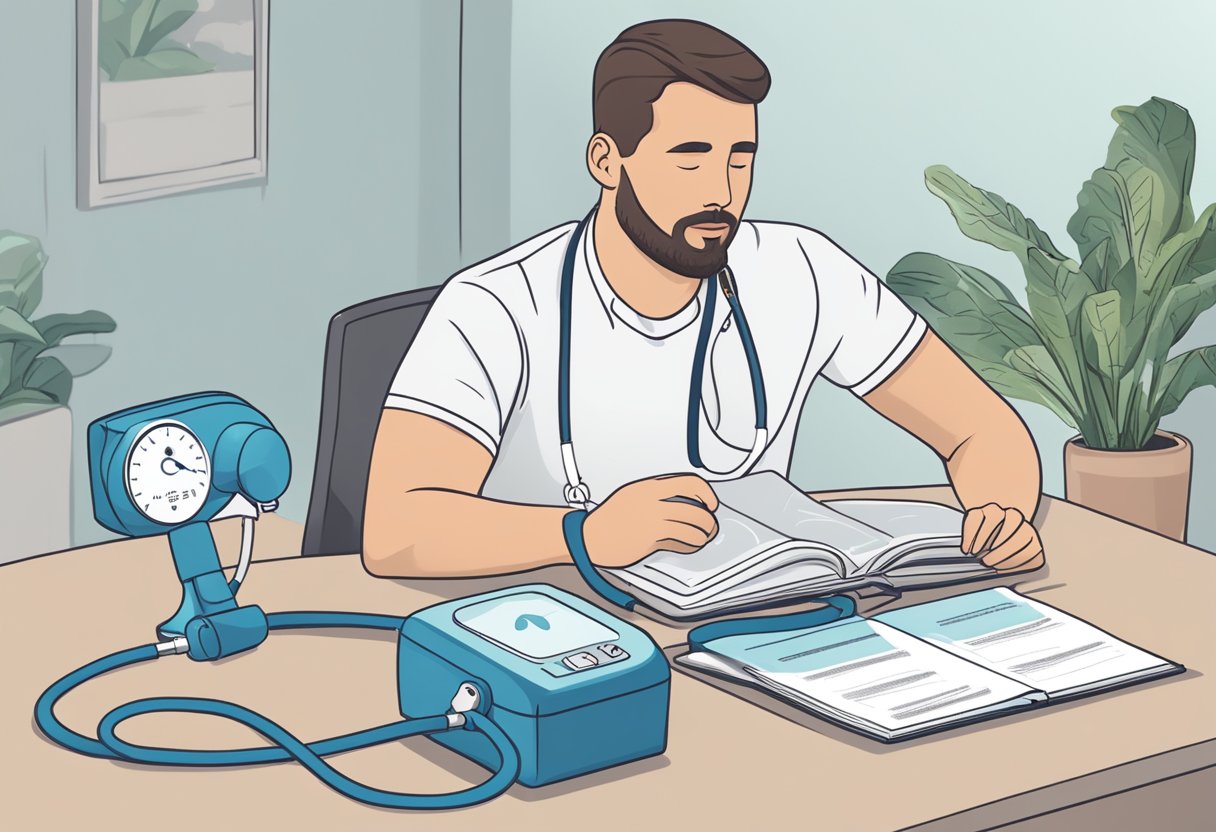A person using a respiratory muscle training device, with a heart failure FAQ booklet nearby