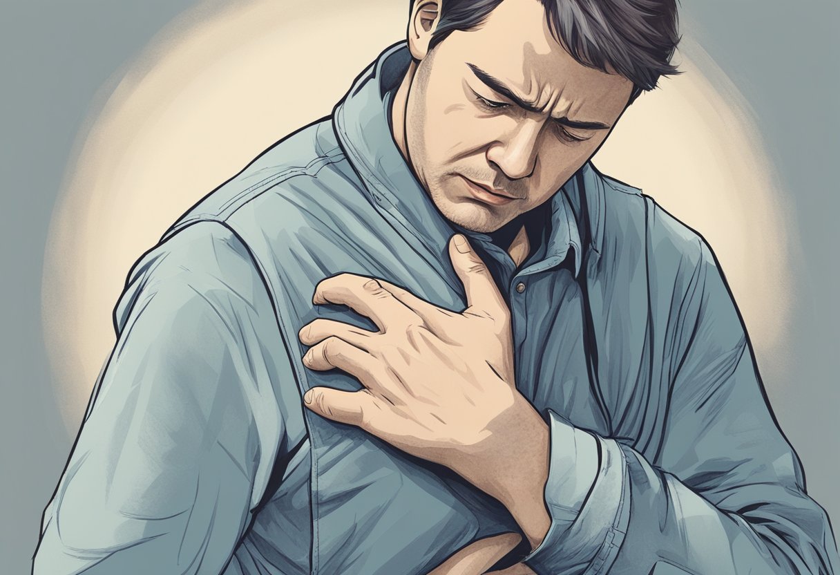 A person clutching their chest in discomfort, with a pained expression on their face