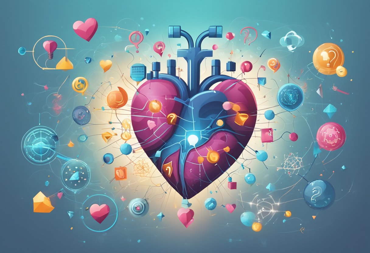 A heart pulsating rapidly, surrounded by question marks and scientific symbols