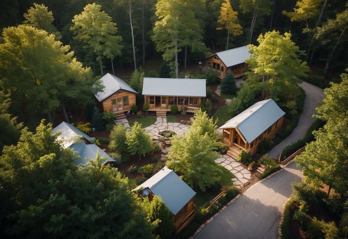 Aerial view of lush, tree-lined tiny home communities with communal gardens, walking trails, and cozy outdoor seating areas in North Carolina