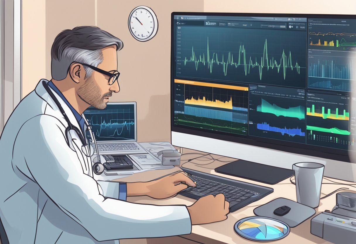 A heart monitor beeping rapidly, a doctor reviewing charts, and various treatment options displayed on a computer screen