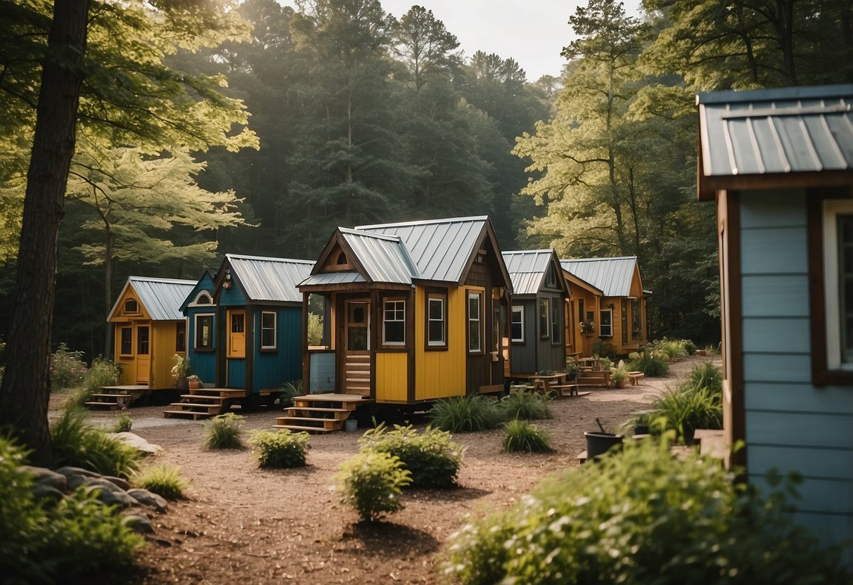 A group of tiny homes nestled in a lush North Carolina landscape, with residents engaging in community activities and sharing a sense of belonging