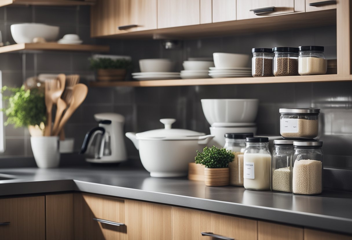 A clean and organized kitchen with labeled cleaning supplies, a schedule for daily tasks, and neatly stacked dishes and utensils