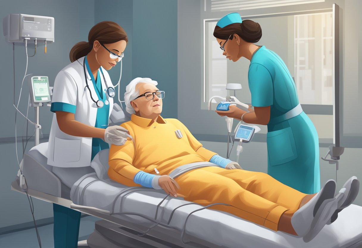 A nurse administers medication to a heart failure patient. Another nurse adjusts the patient's oxygen levels while a third nurse monitors vital signs