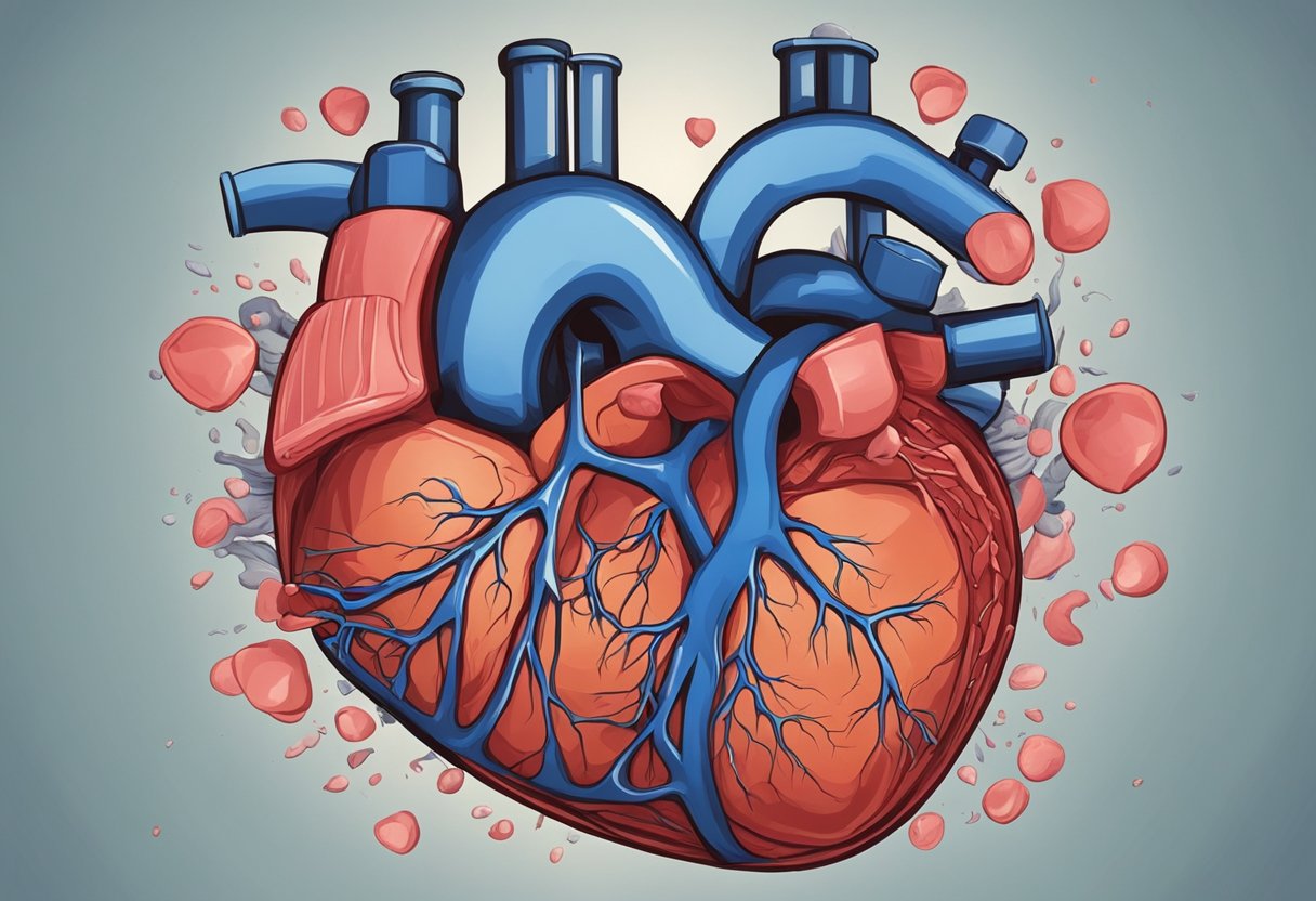 A heart struggling to pump blood, surrounded by fluid buildup and weakened muscle