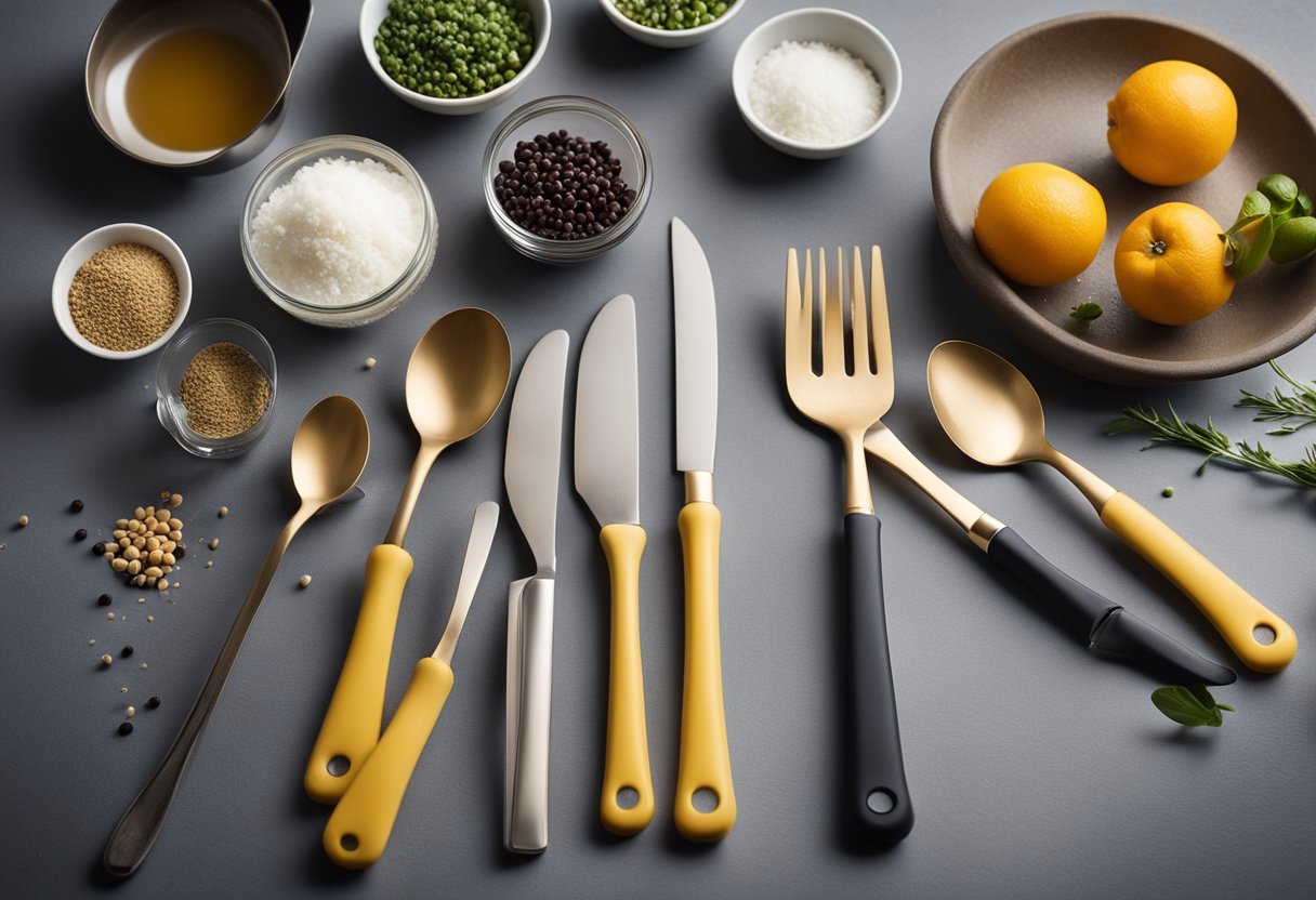 Various utensils and ingredients neatly arranged on a clean and organized kitchen counter
