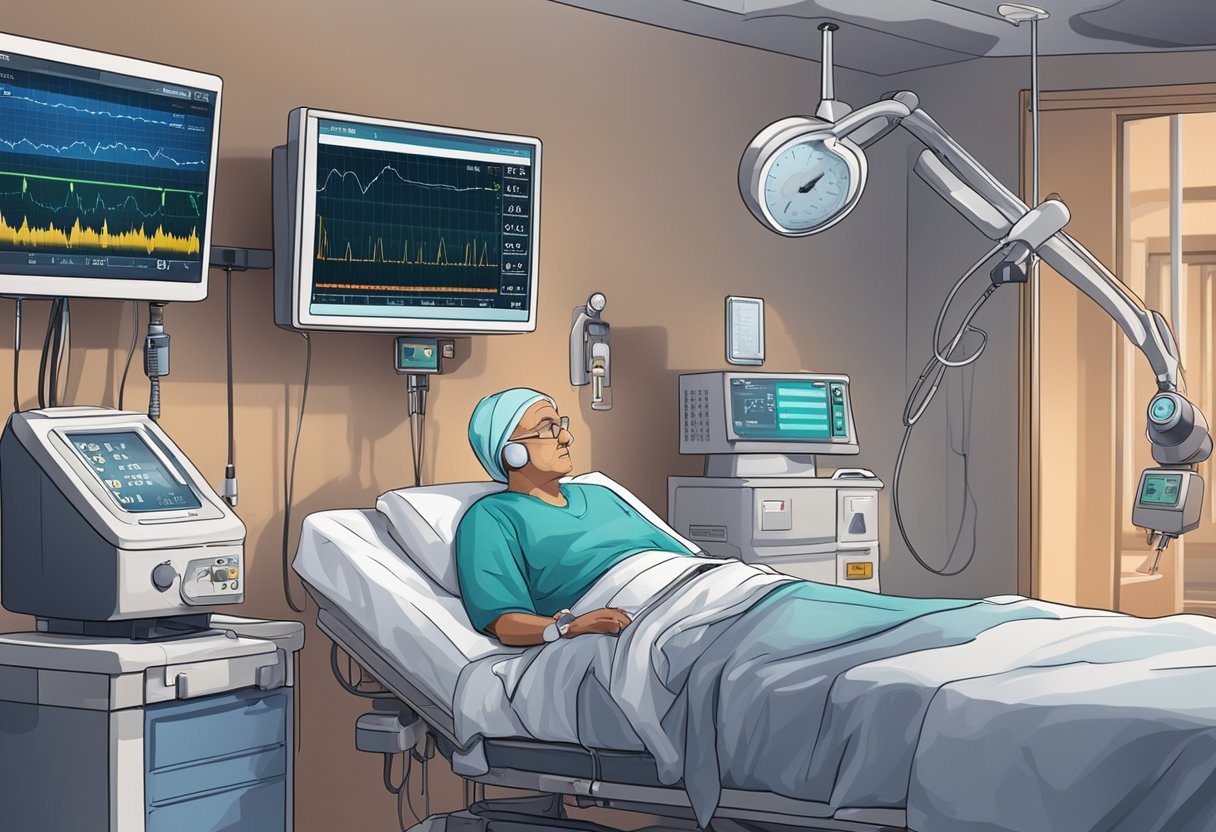 A heart monitor beeping slowly, surrounded by medical equipment and a cancer patient resting in a hospital bed